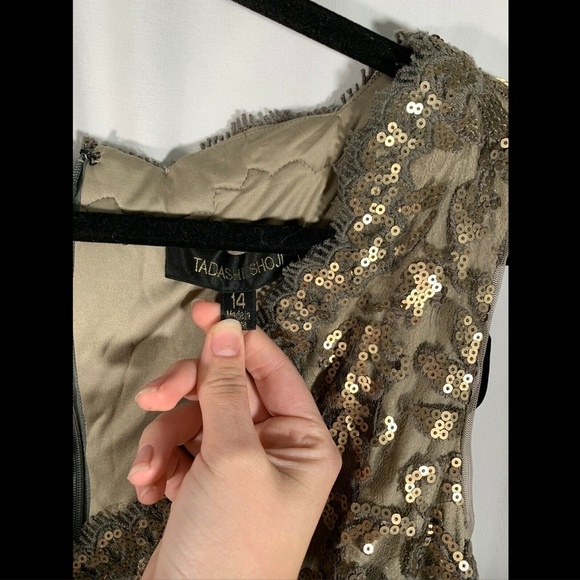 NEW‎ Tadashi Shoji Sequin Lace Sheath Dress Smoked Pearl [ SZ 14 ] - Picture 4 of 9